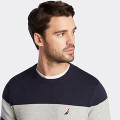 BLOCK STRIPE CREWNECK SWEATER,Navy,large