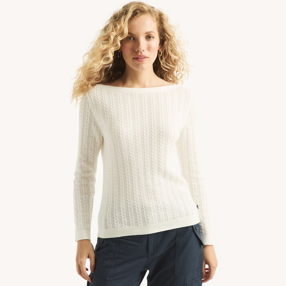 Cable-Knit Boatneck Sweater,Sail White,large