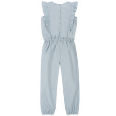 GIRLS' CHAMBRAY RUFFLED JUMPSUIT (8-16),Ice Blue,large