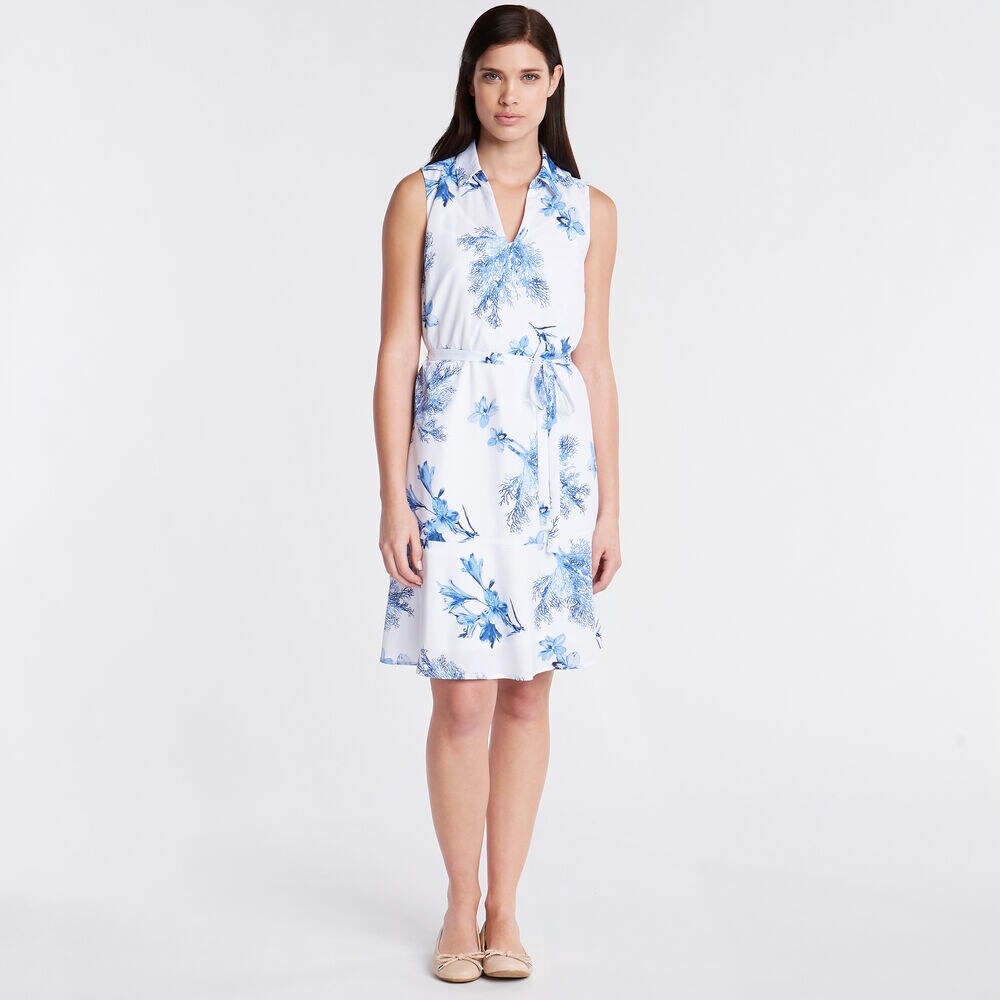 BOTANICAL PRINT SLEEVELESS SHIRT DRESS,Bright White,large