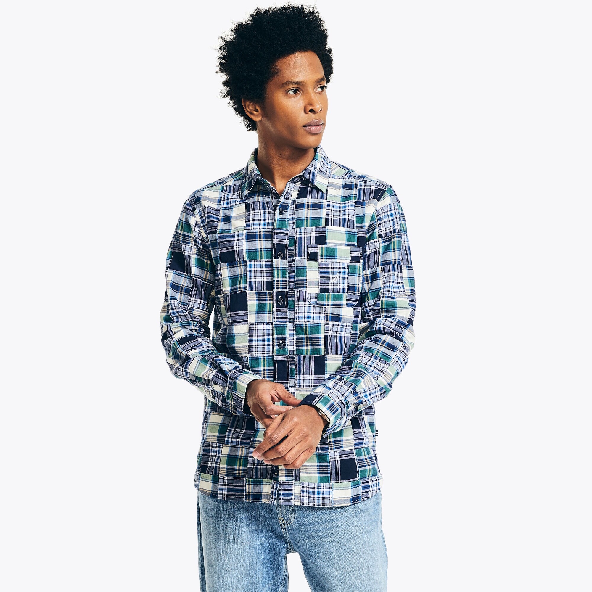 Patchwork Plaid Shirt,Peacoat,large