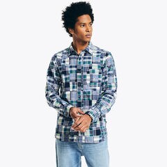Patchwork Plaid Shirt,Peacoat,large