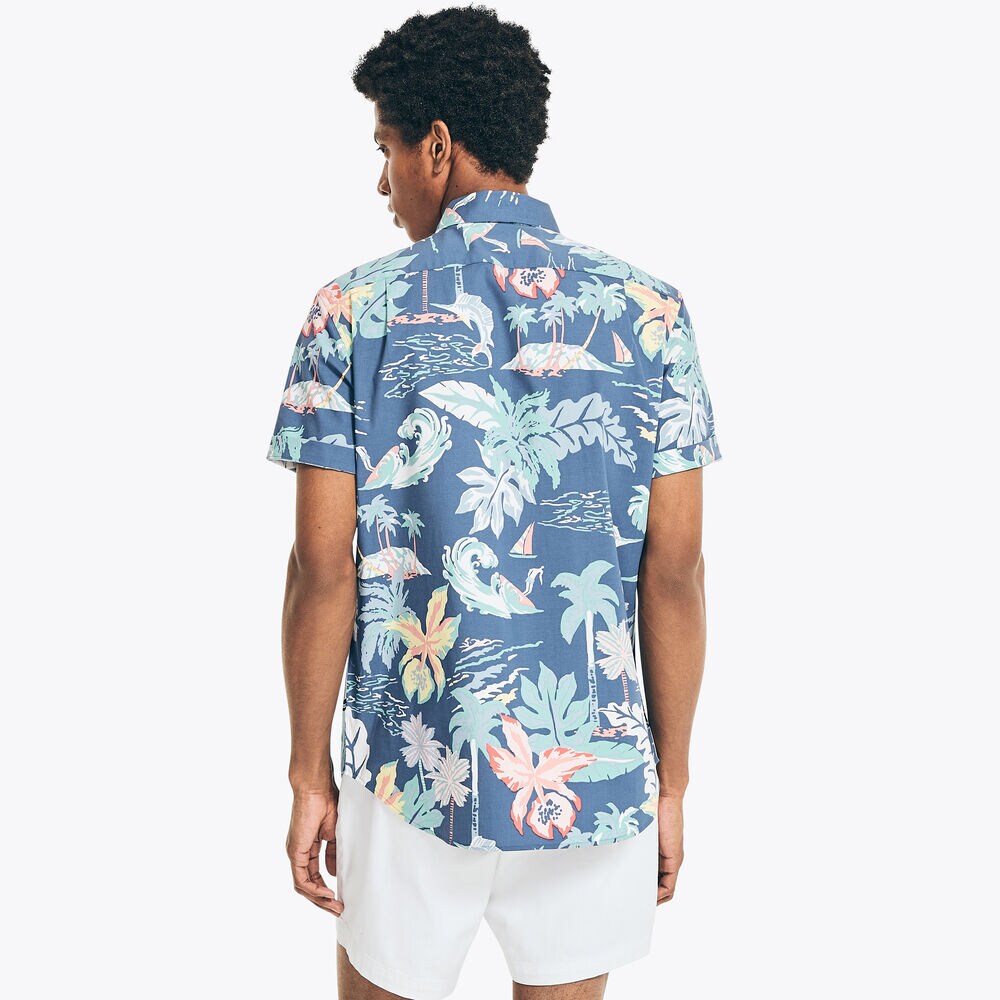 PALM AND FISH PRINT SHORT-SLEEVE SHIRT,Delphinium Blue,large
