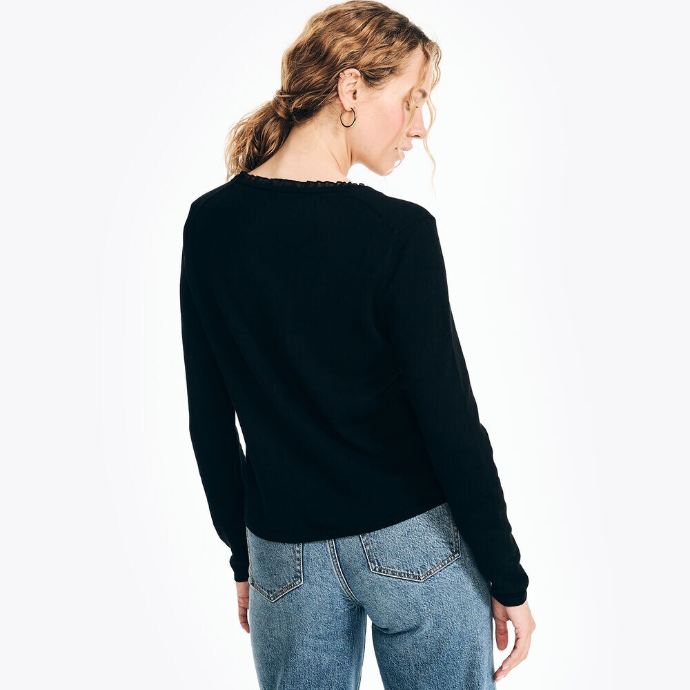 Sustainably Crafted Chiffon Trim Cardigan,True Black,large