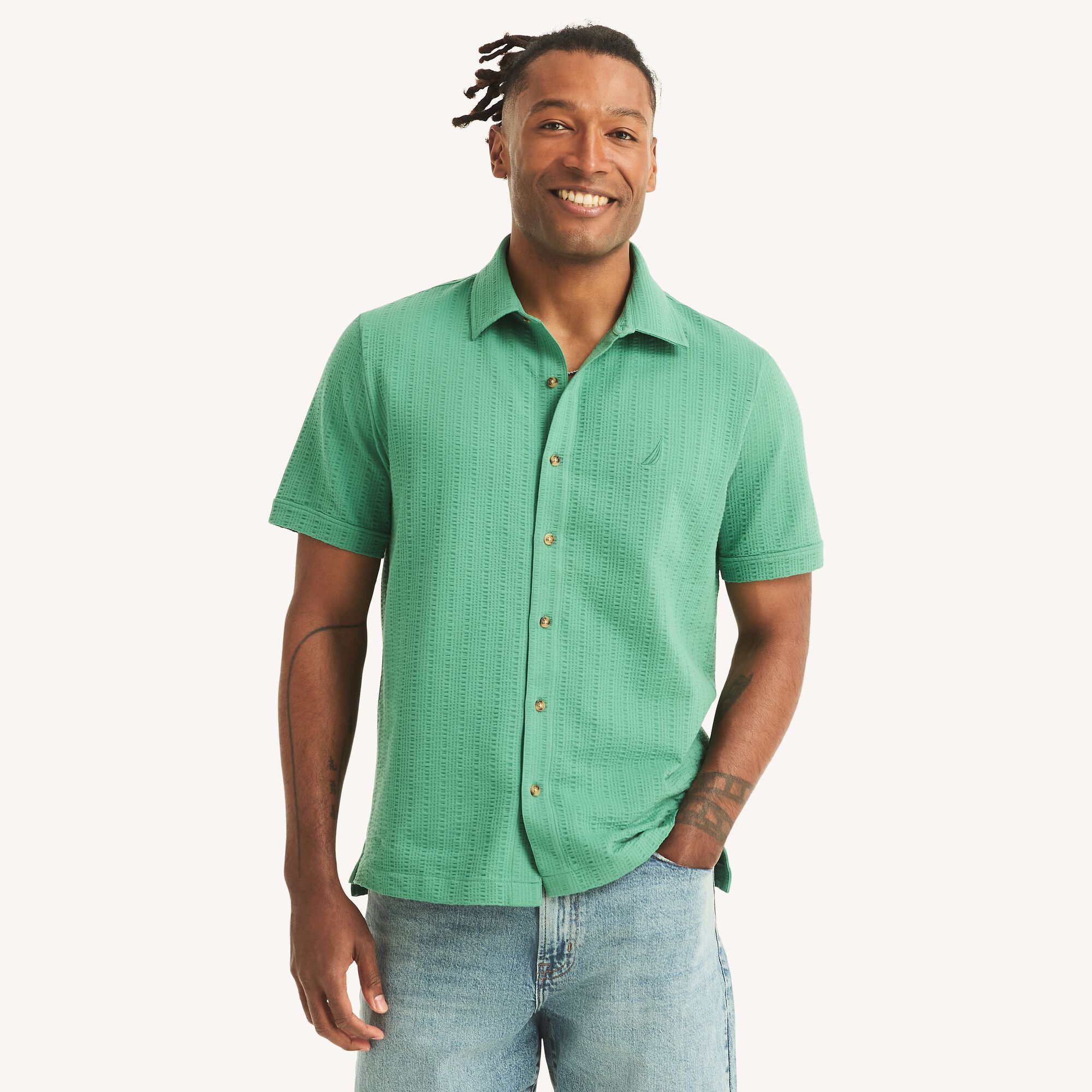Classic Fit Seersucker Button-Front Polo,Bright Willow,large
