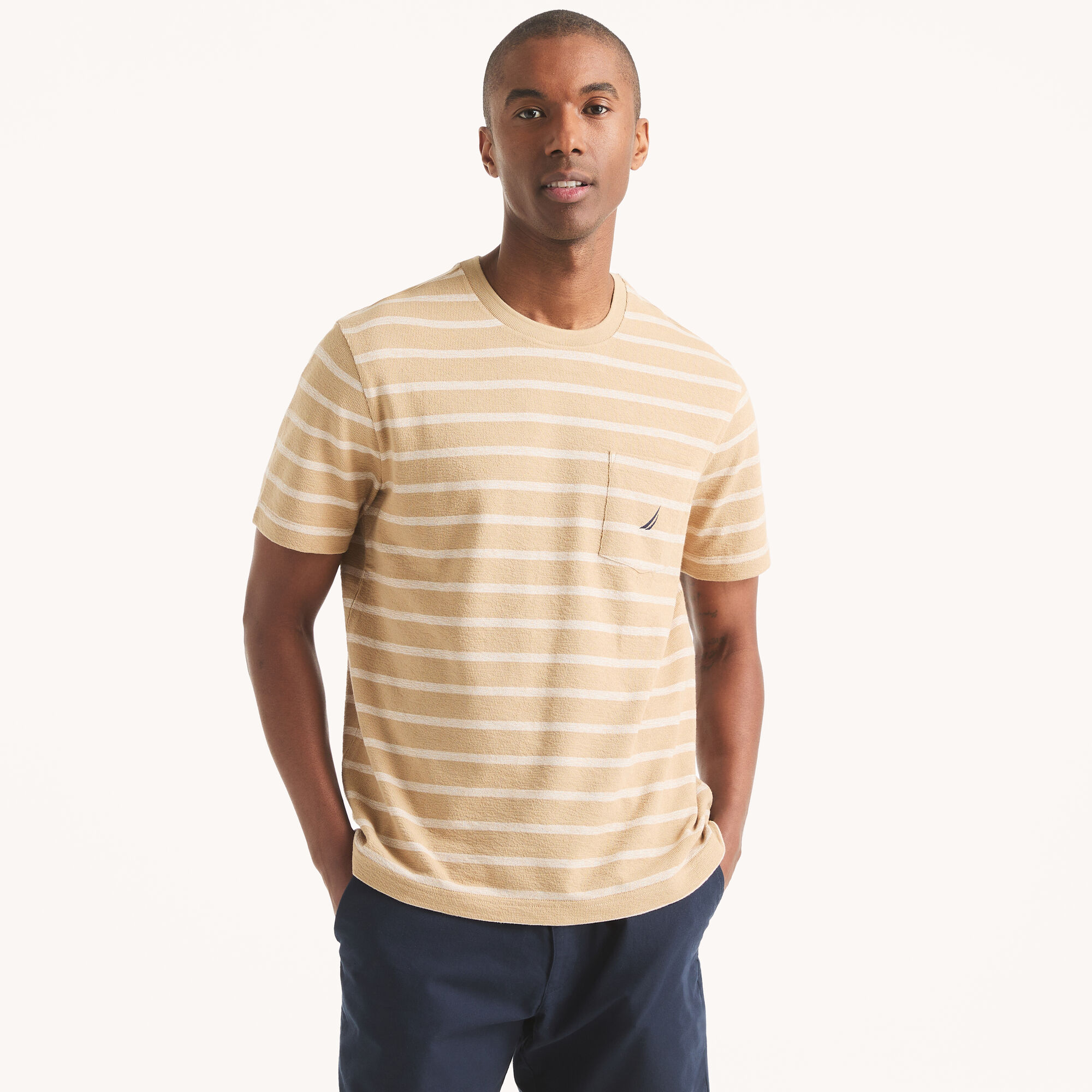 Striped Textured Crewneck T-Shirt,Tuscany Tan,large