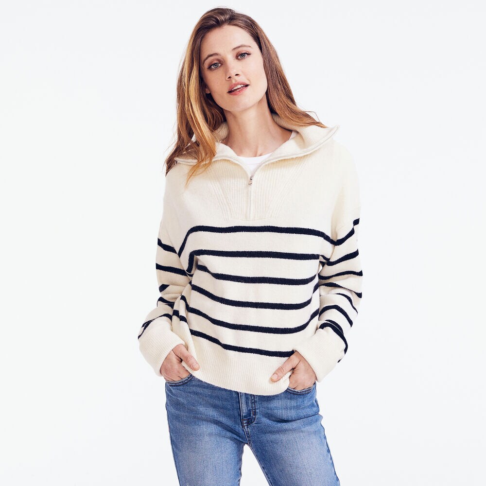 STRIPED QUARTER-ZIP SWEATER,Marshmallow,large