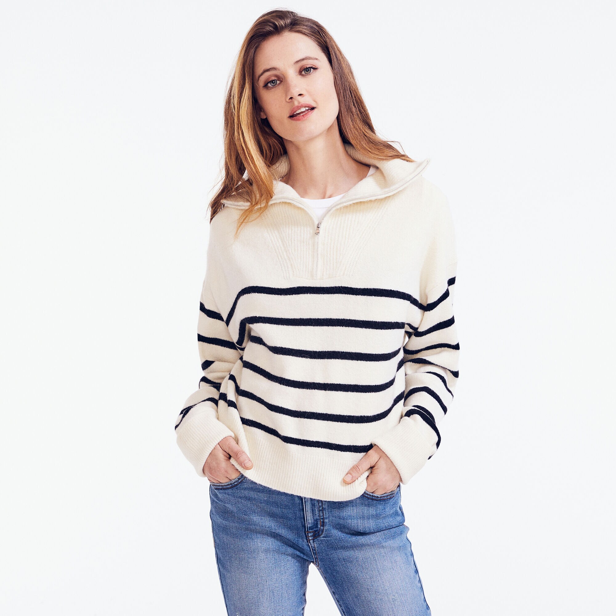 STRIPED QUARTER-ZIP SWEATER,Marshmallow,large