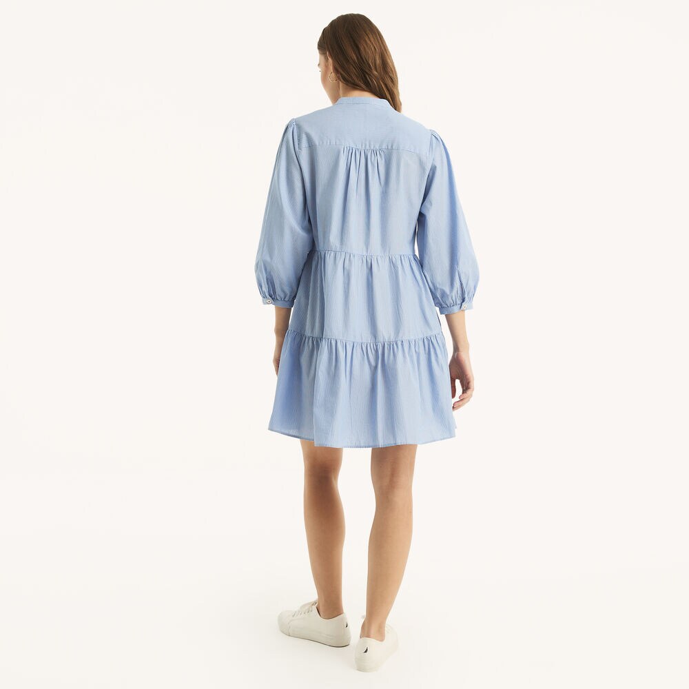 Button-Front Striped Tiered Dress,Tropic Wave,large