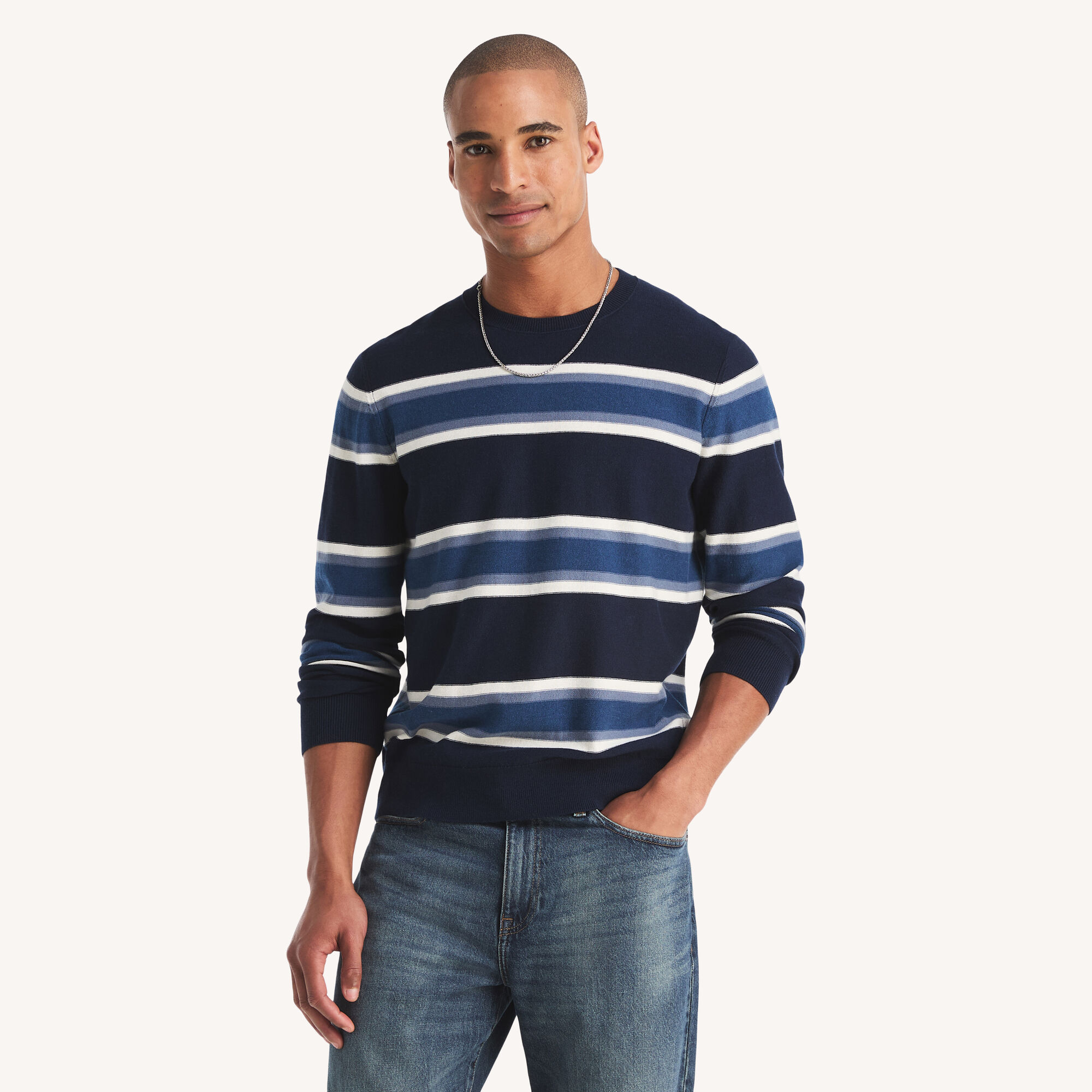 Striped Performance Crewneck Sweater,Stellar Blue Heather,large