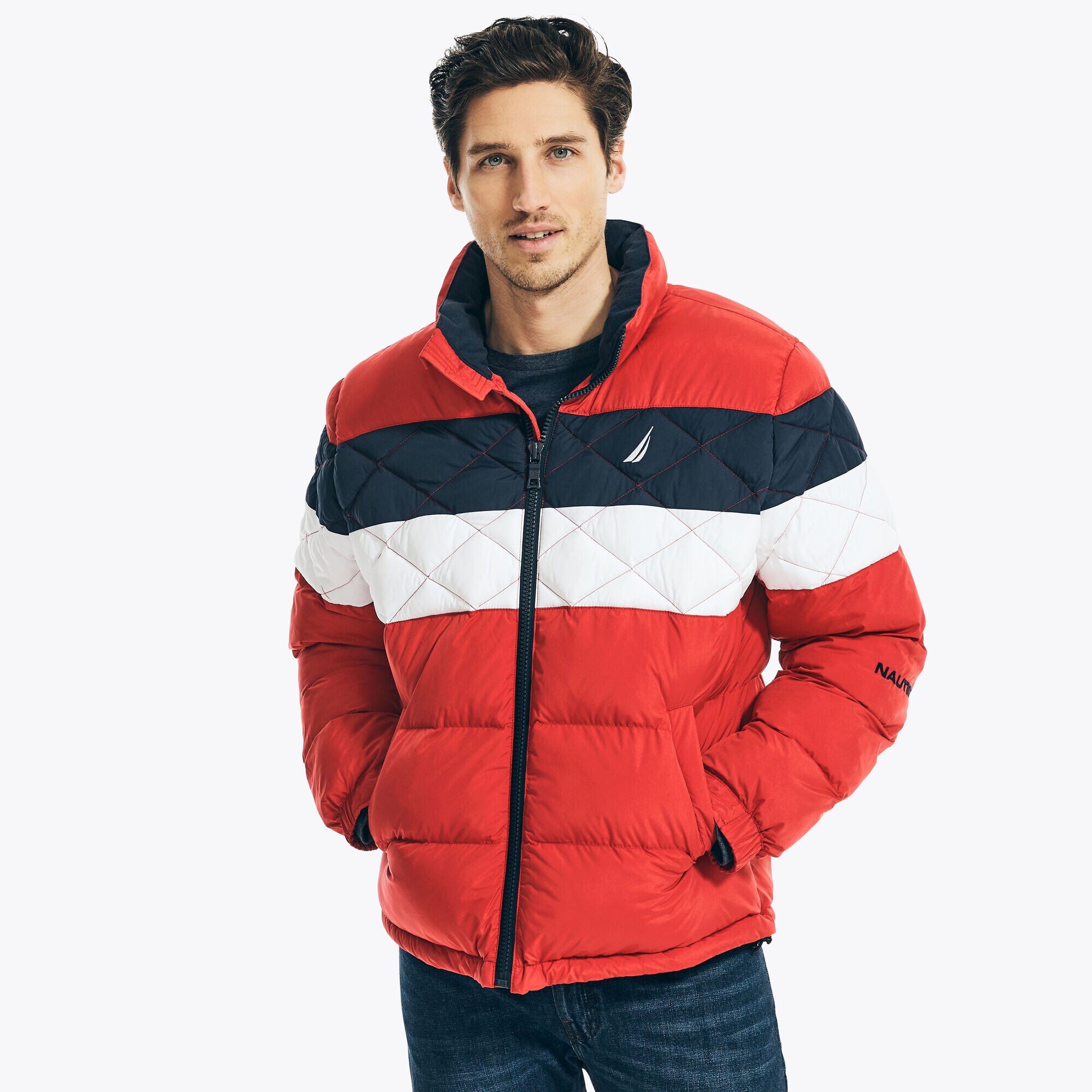 STRIPED TEMPASPHERE BOMBER JACKET,Nautica Red,large