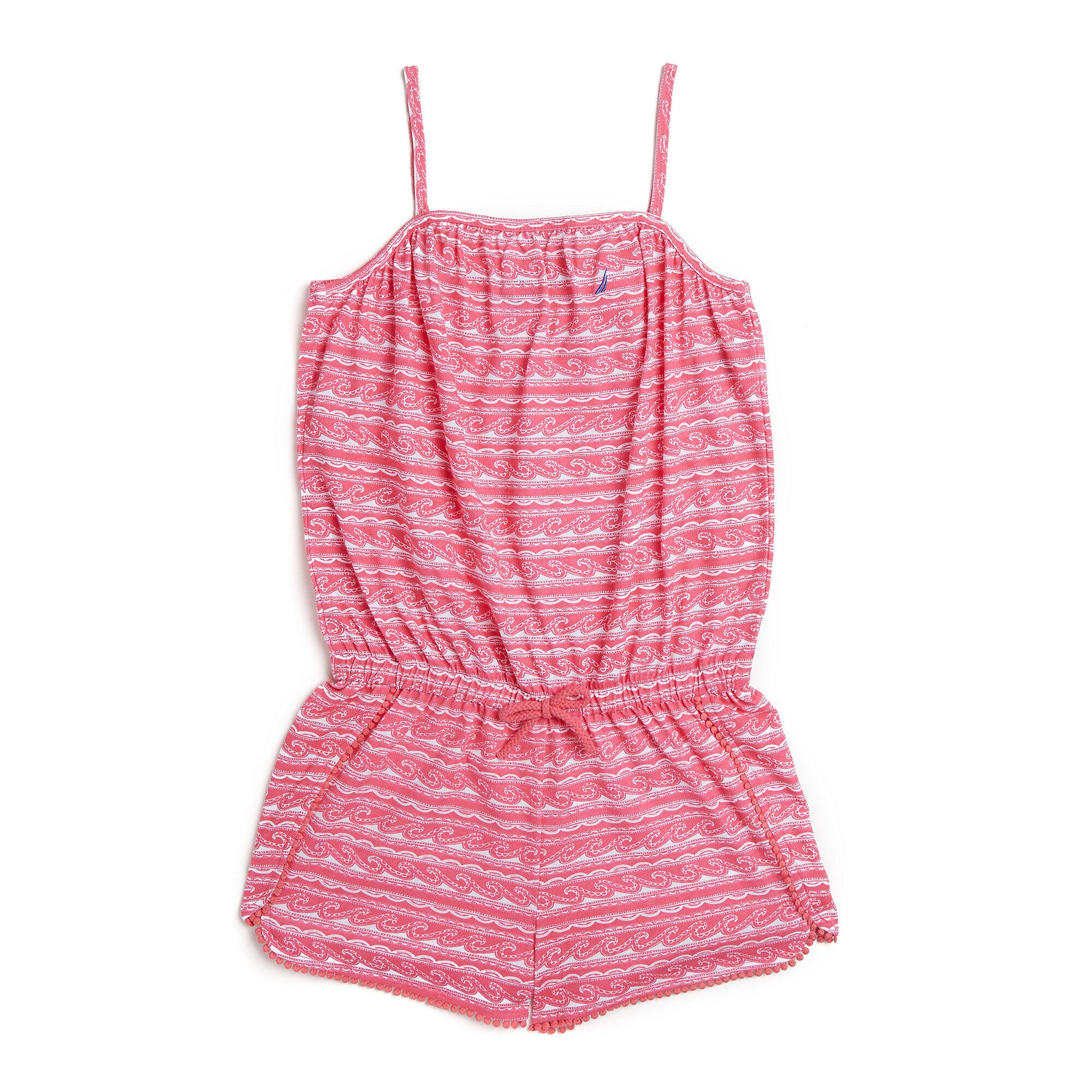 Girls' Terry Wave Romper with Pom-Pom Trim (7-16),Salmon,large
