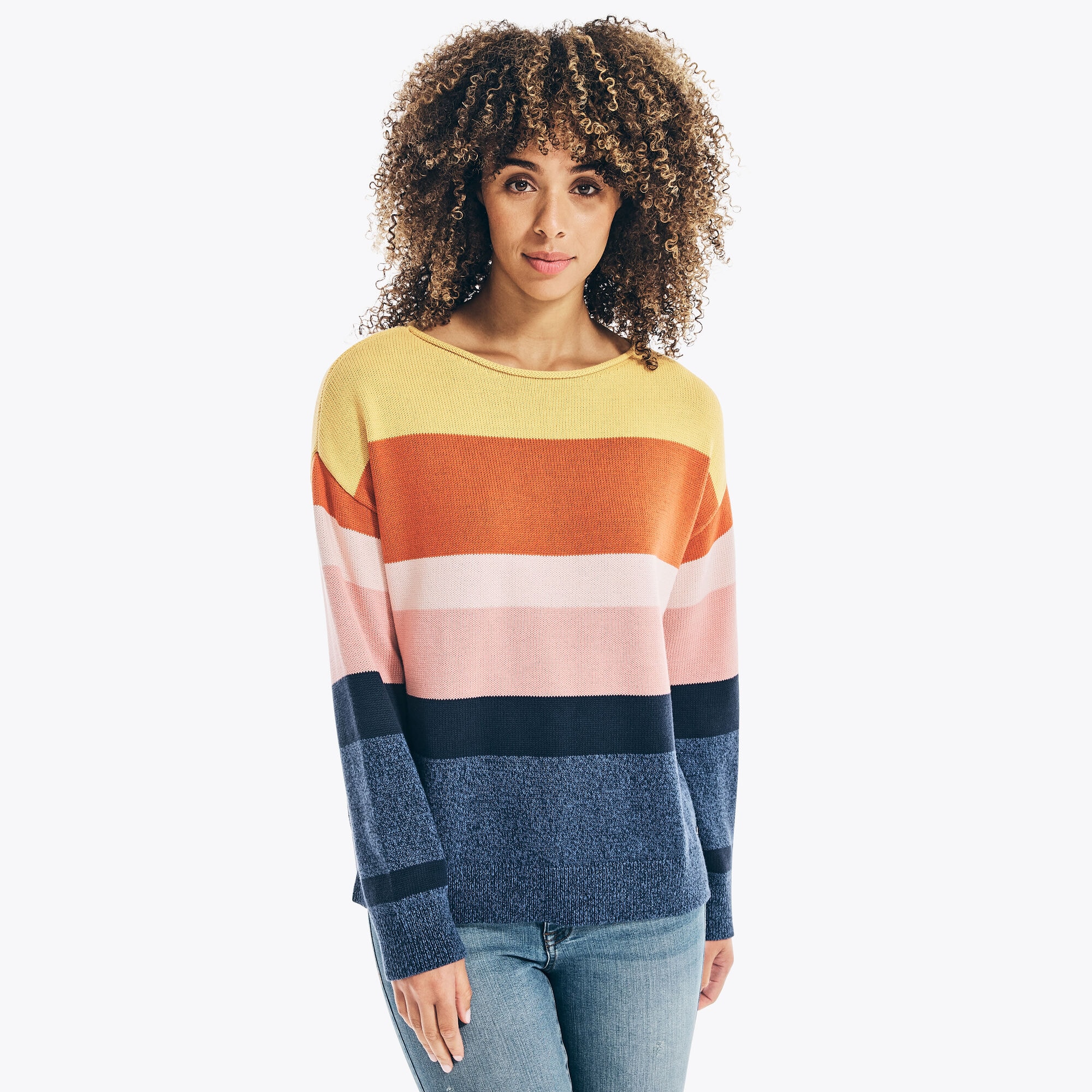 SUNSET STRIPE BOAT-NECK SWEATER,Stellar Blue Heather,large