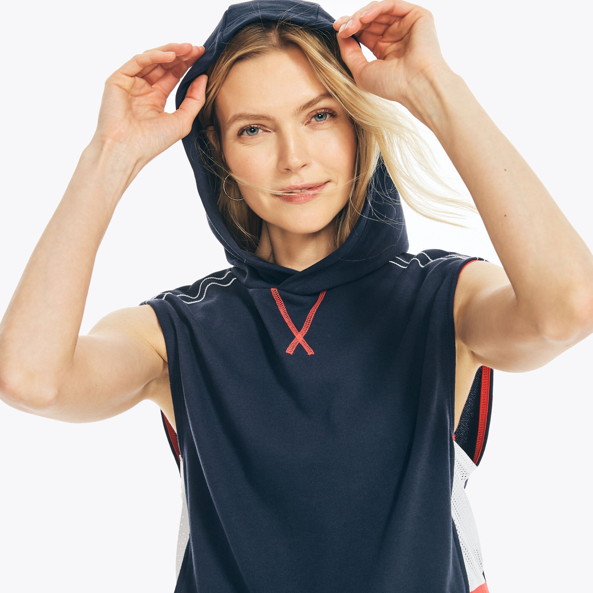 SLEEVELESS MESH HOODIE,Stellar Blue Heather,large