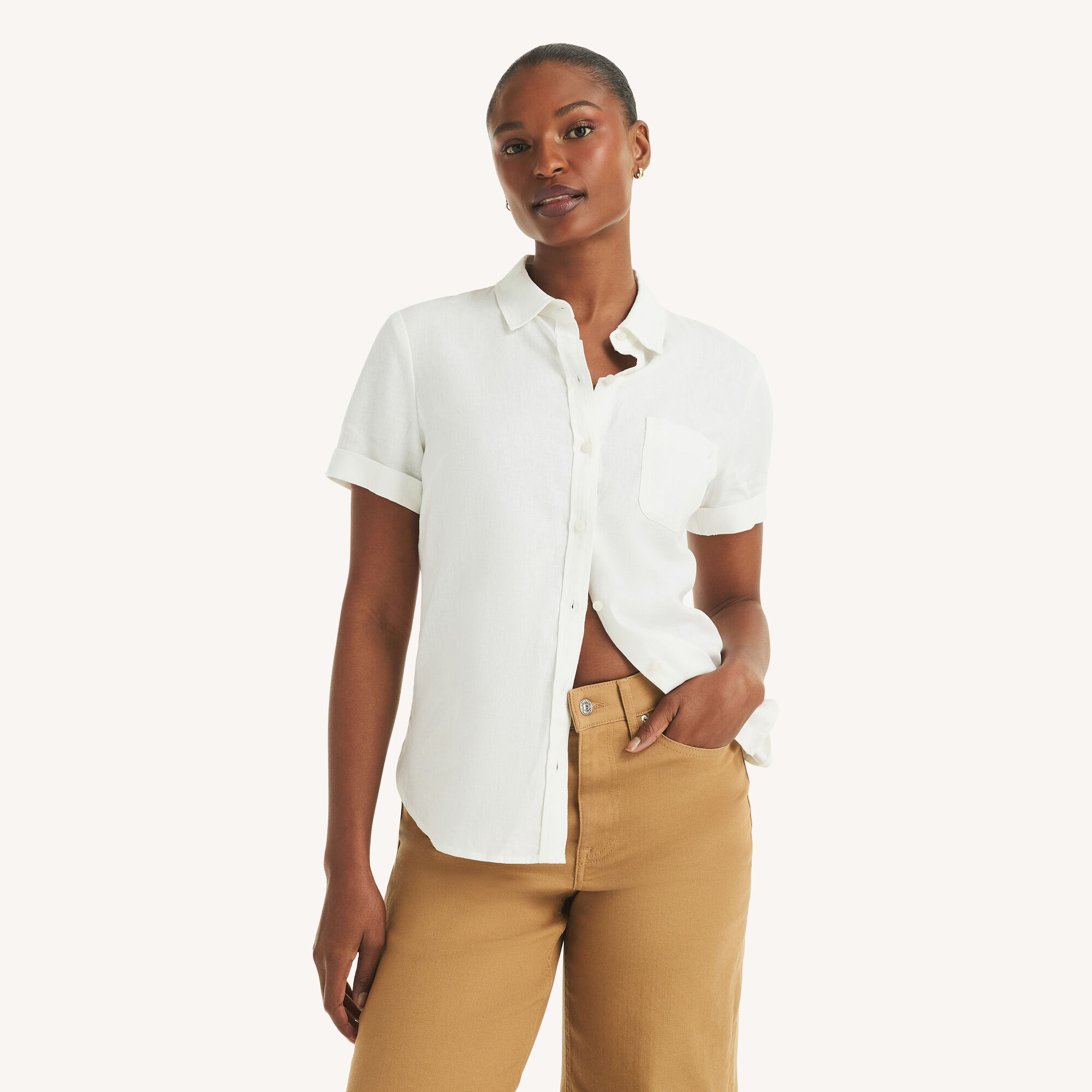Linen Camp Shirt,Bright White,large