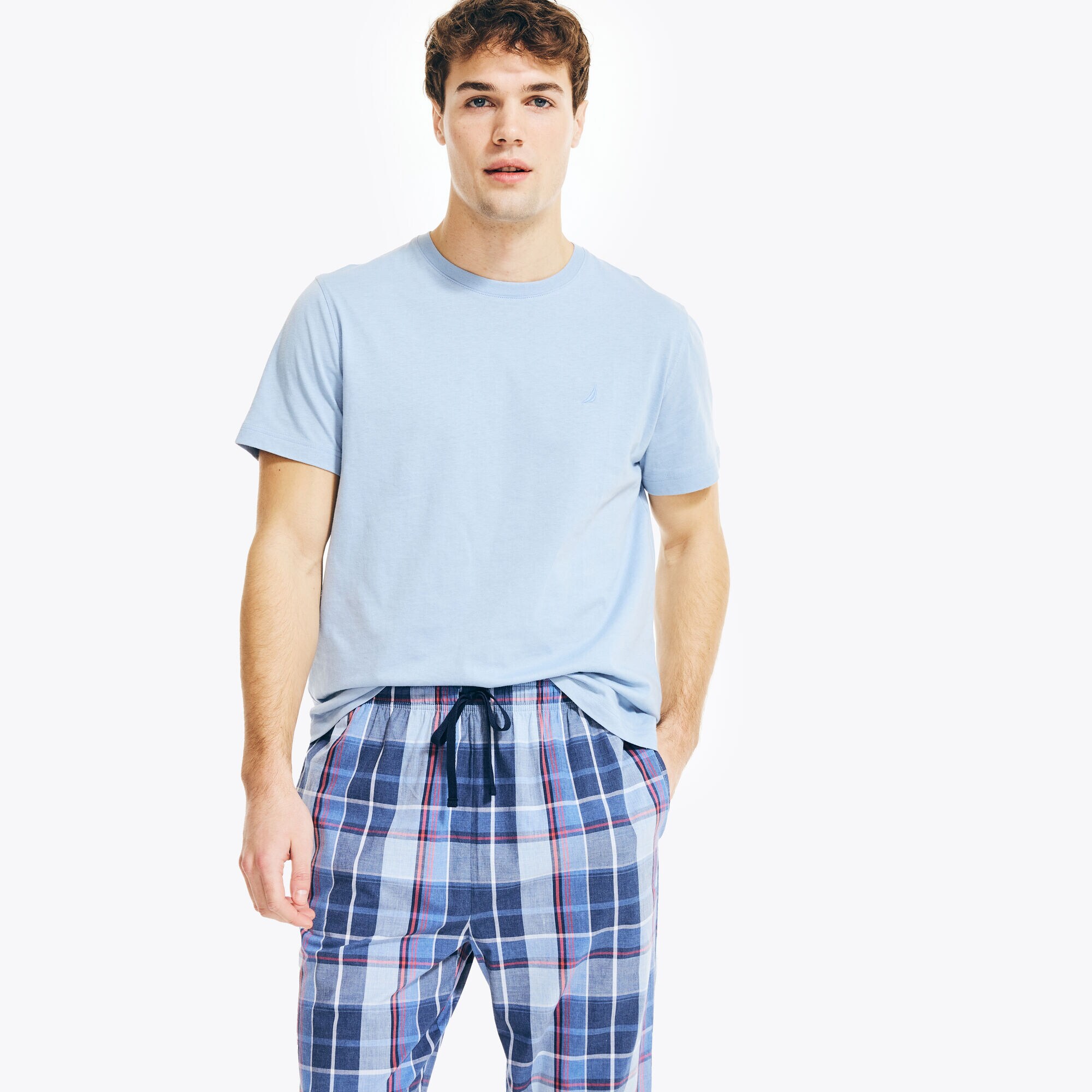PLAID PAJAMA PANT SET,Noon Blue,large