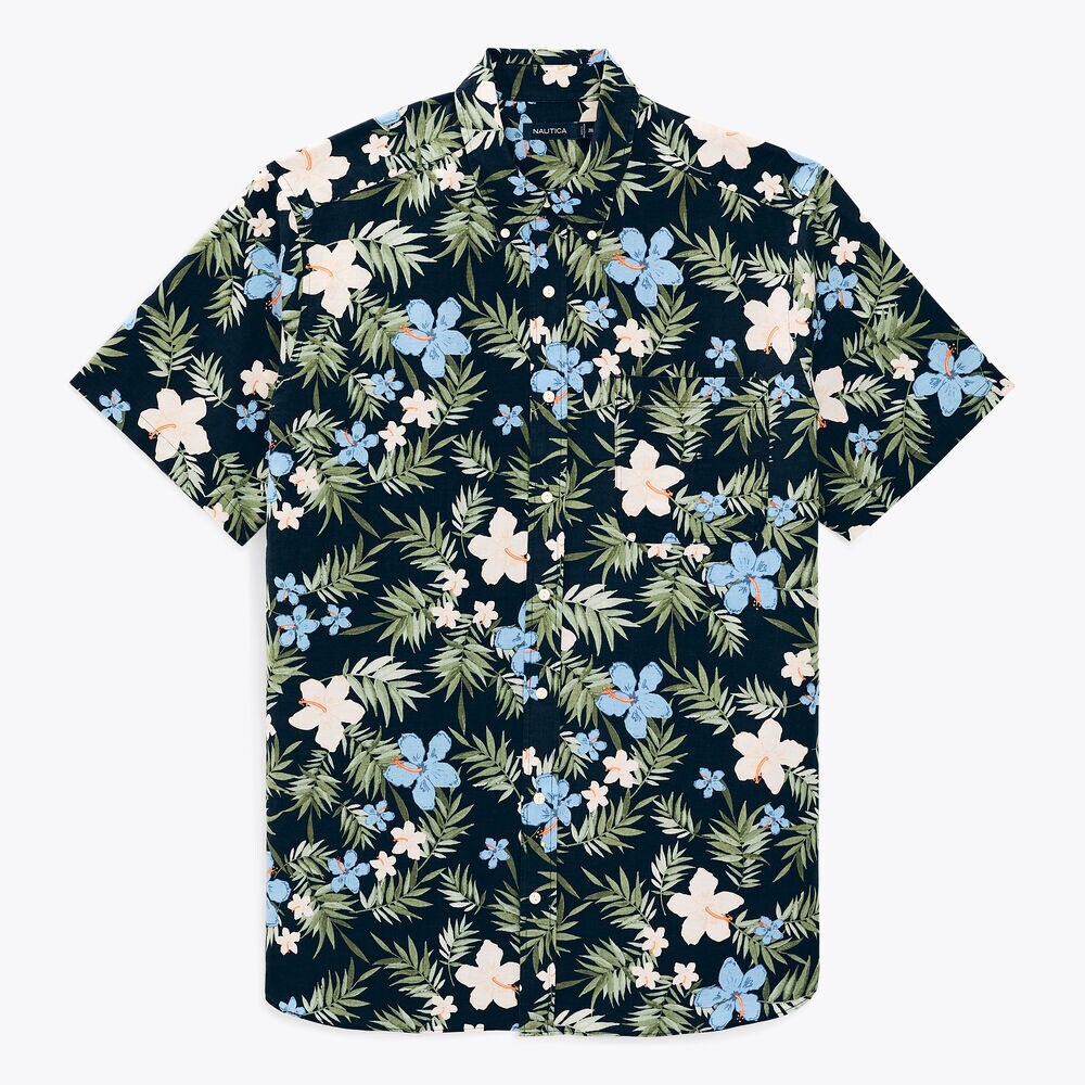 Big & Tall Sustainably Crafted Floral-Print Linen Short-Sleeve Shirt,Navy,large