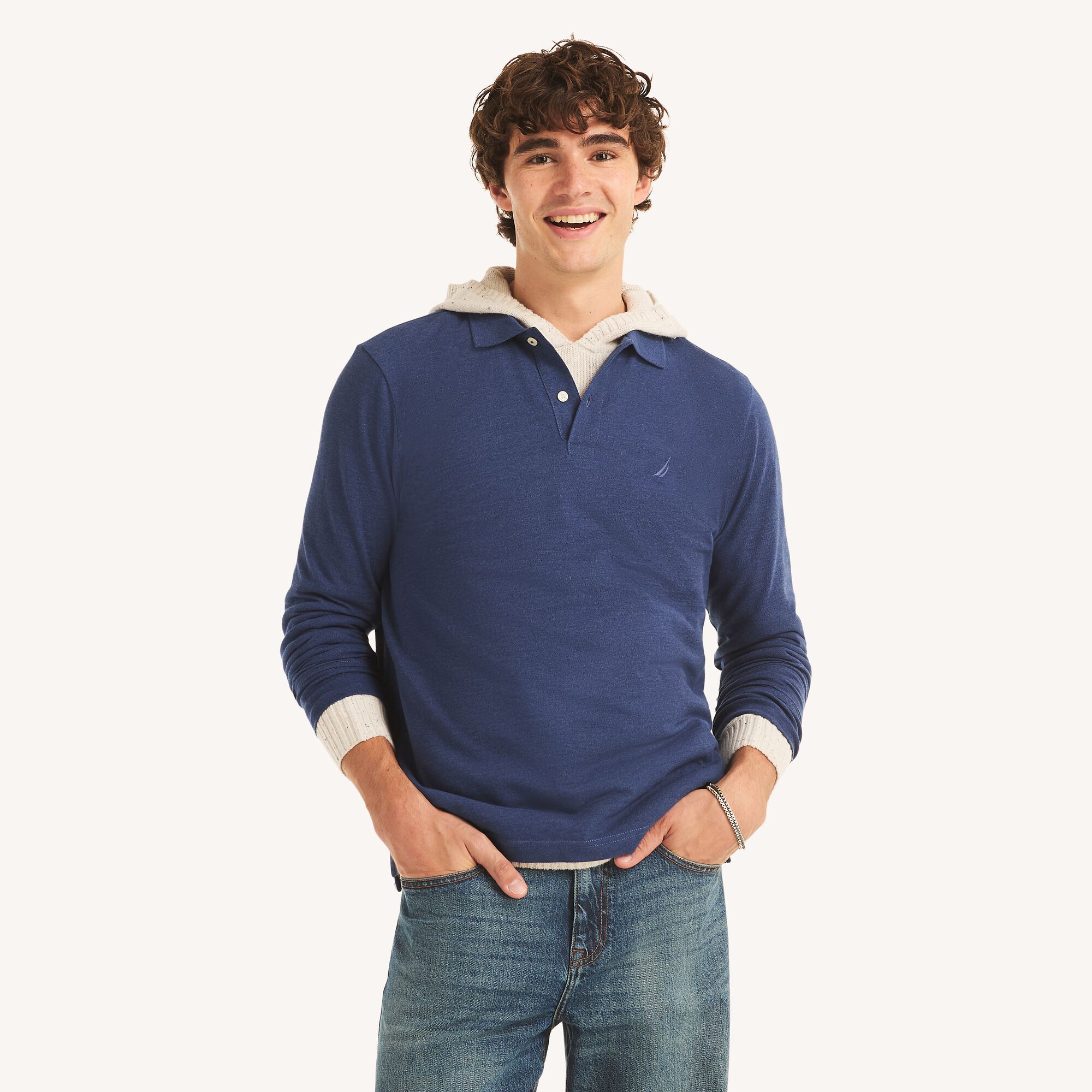 Long-Sleeve Classic Fit Deck Polo ,Stellar Blue Heather,large