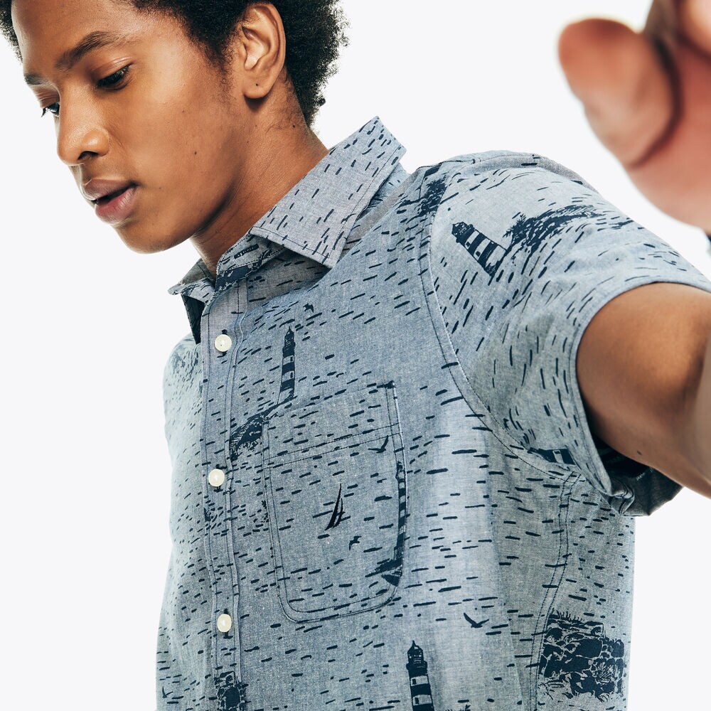 PRINTED CHAMBRAY SHORT-SLEEVE SHIRT,Lapis Blue,large