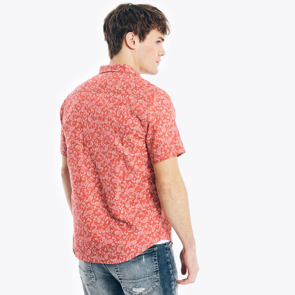 PAISLEY PRINT LINEN SHORT-SLEEVE SHIRT,Mineral Red,large