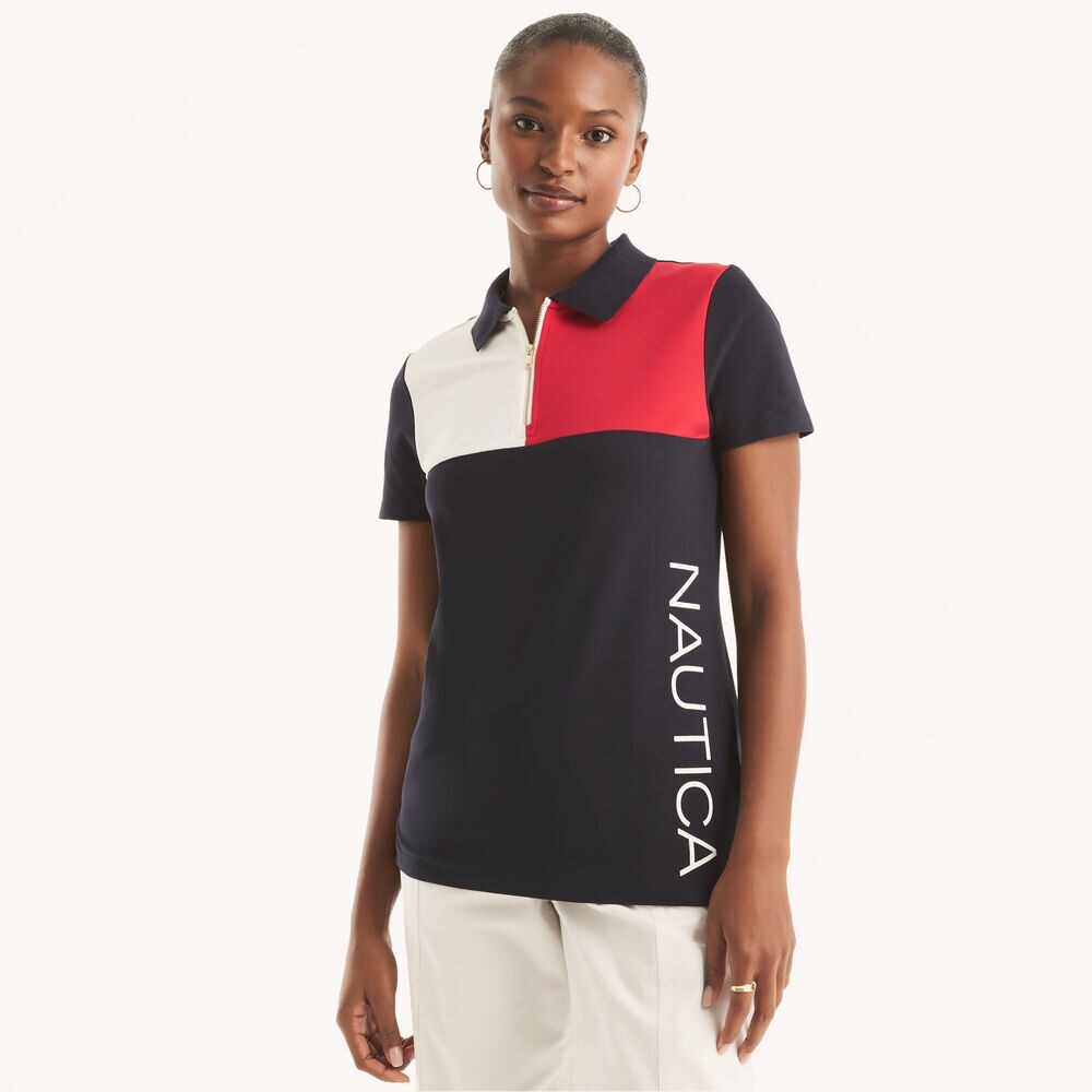 Colorblock Zip-Up Polo,Navy,large