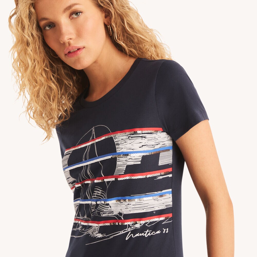 Sequin Sailing Graphic T-Shirt,Stellar Blue Heather,large