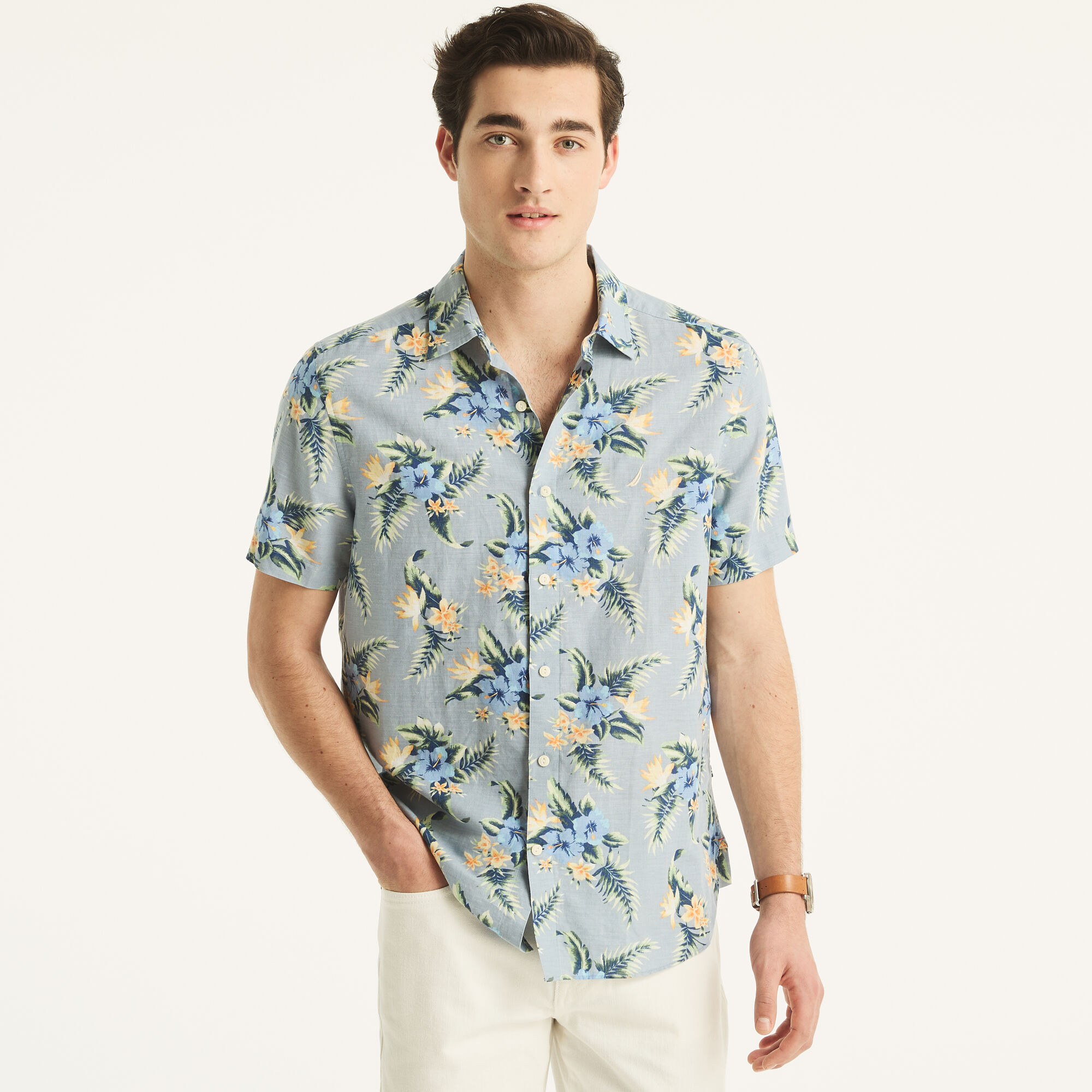 Printed Linen Short-Sleeve Shirt,Reef Blue,large