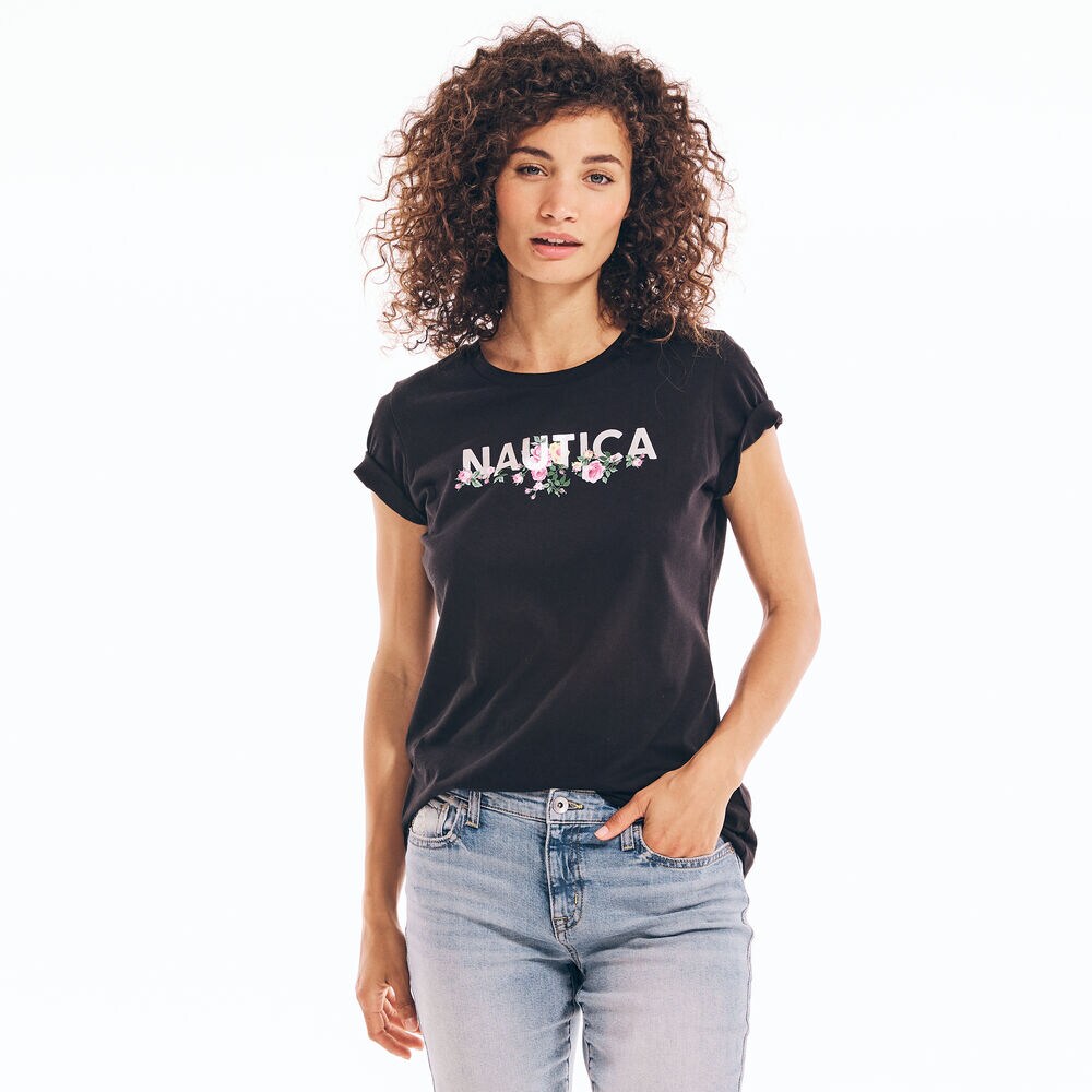 SUSTAINABLY CRAFTED FLORAL FOIL LOGO T-SHIRT,True Black,large