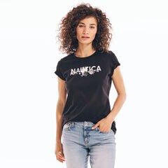 SUSTAINABLY CRAFTED FLORAL FOIL LOGO T-SHIRT,True Black,large
