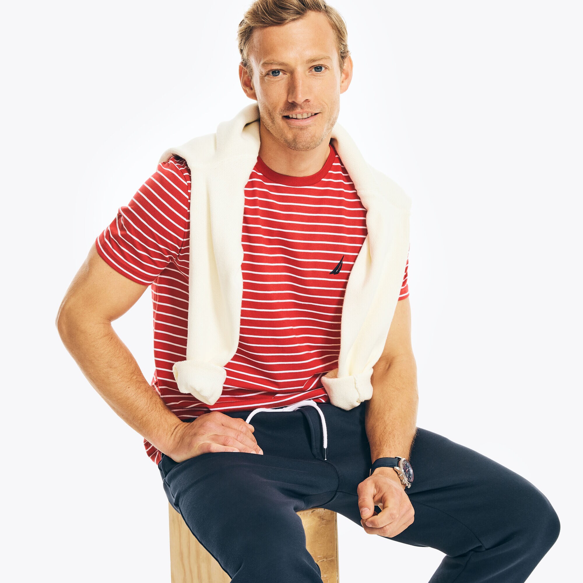 Striped Crewneck T-Shirt,Nautica Red,large