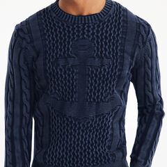 Cable-Knit Crewneck Sweater,Stellar Blue Heather,large