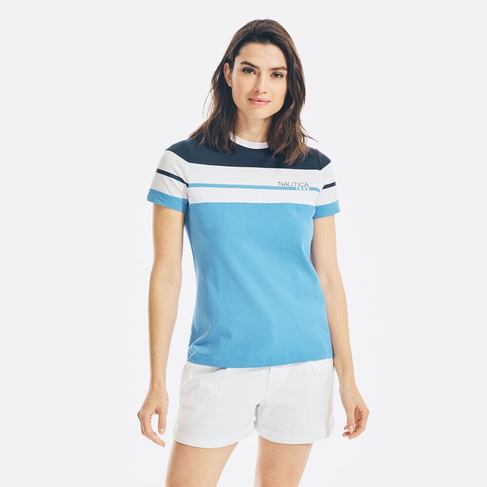 COLORBLOCK-STRIPE LOGO TOP,Distressed Blue Wash,large