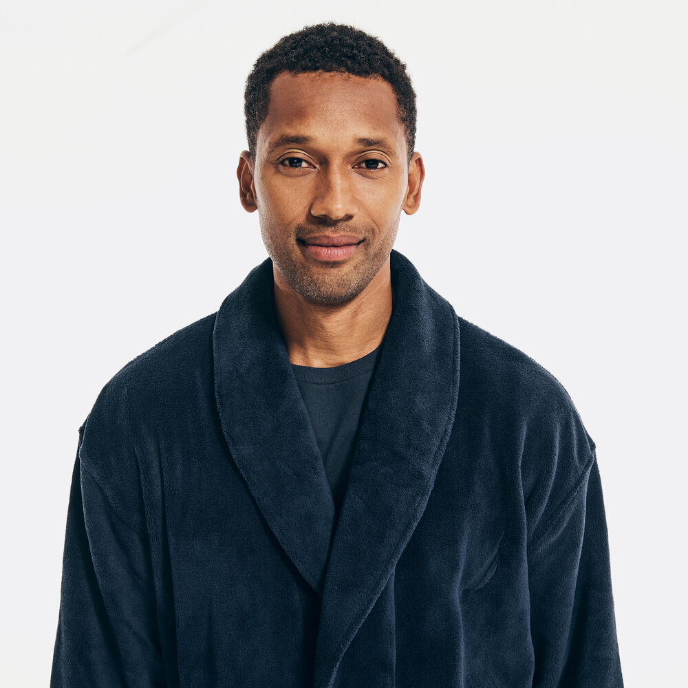 Plush Shawl Collar Robe,Navy,large