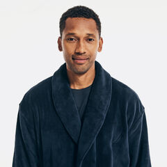 Plush Shawl Collar Robe,Navy,large