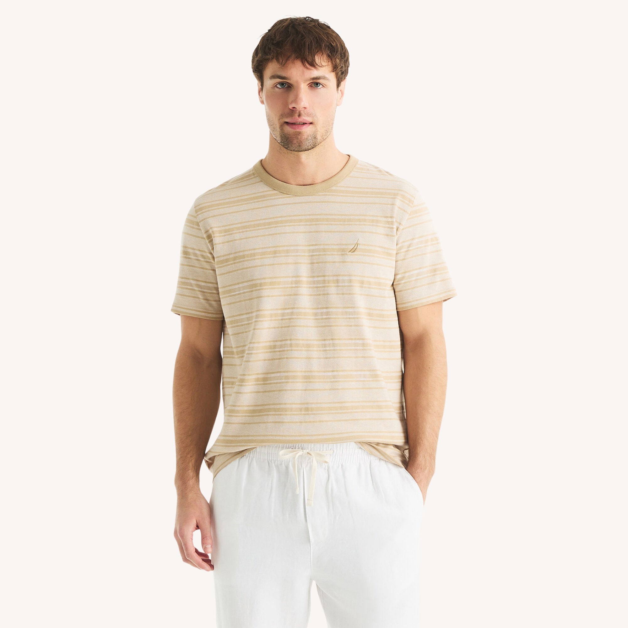 Herringbone Striped Crewneck T-Shirt,Safari,large
