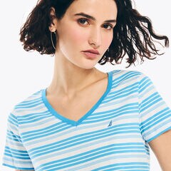 STRIPED V-NECK T-SHIRT,Azure Blue,large