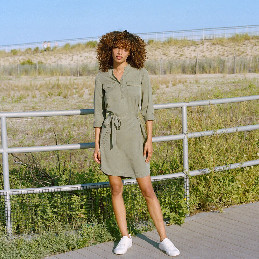 SUSTAINABLY CRAFTED BELTED UTILITY DRESS,Teal Wave,large