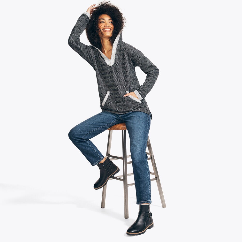 SPLIT-NECK PULLOVER HOODIE,True Black,large