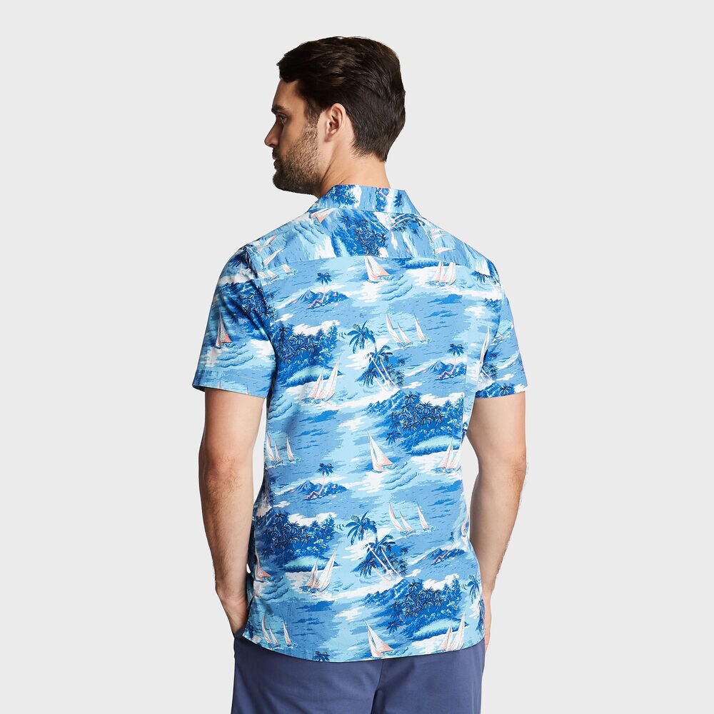 BIG & TALL CAMP COLLAR SHORT SLEEVE PRINTED SHIRT,Alaskan Blue,large