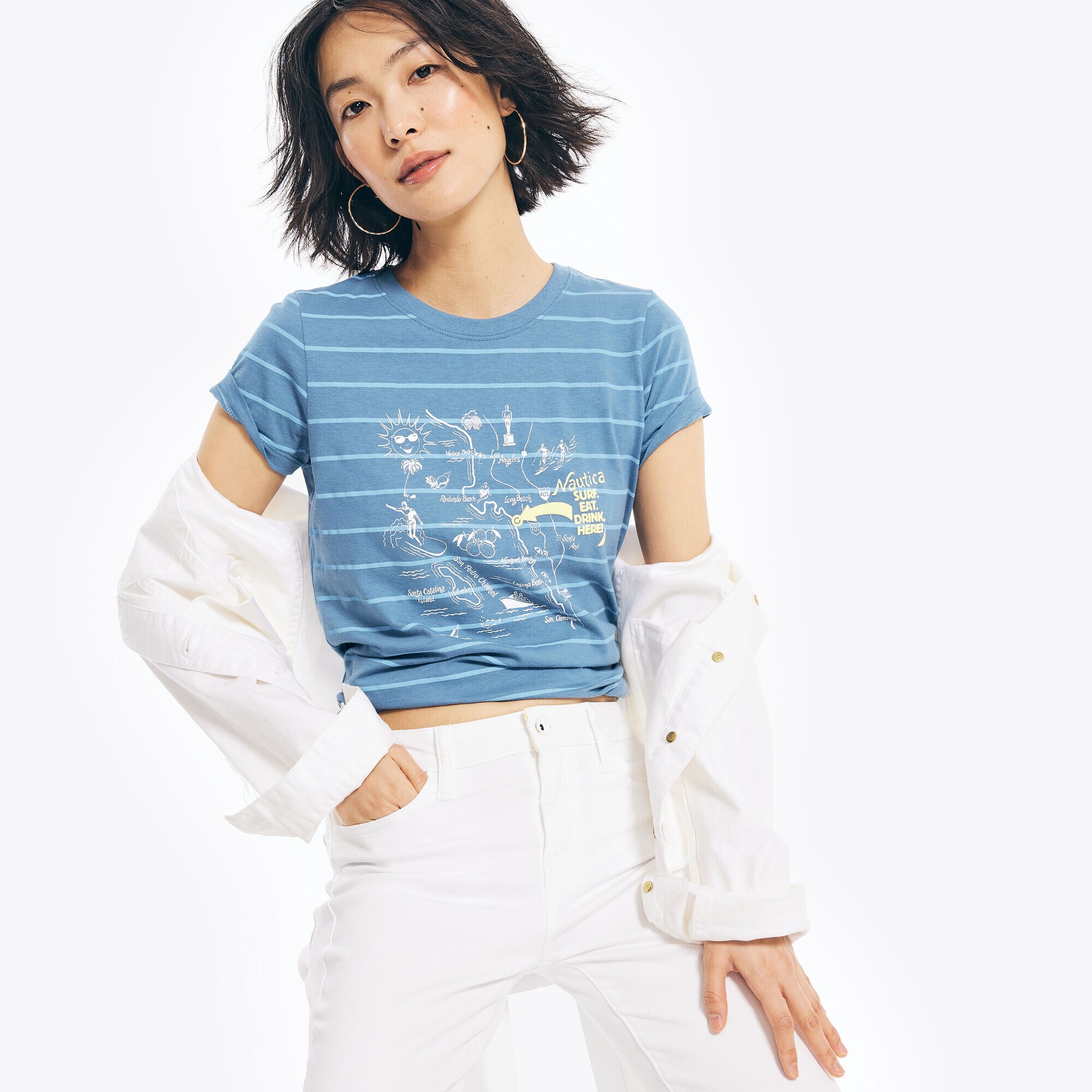 STRIPED MAP GRAPHIC T-SHIRT,Dock Blue,large