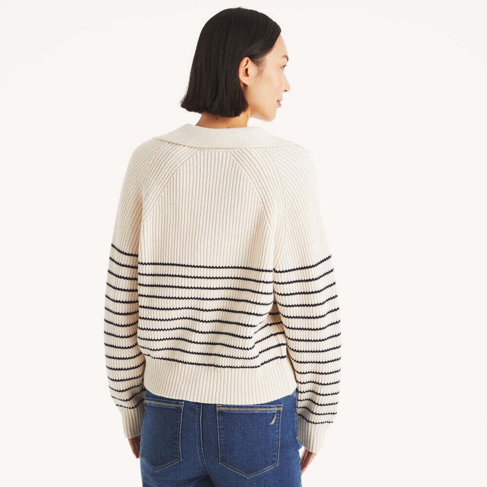 Striped Johnny Collar Sweater,Arctic White,large