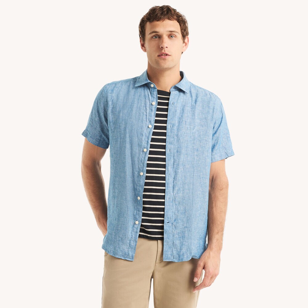 Solid Linen Short-Sleeve Shirt,Tropic Wave,large