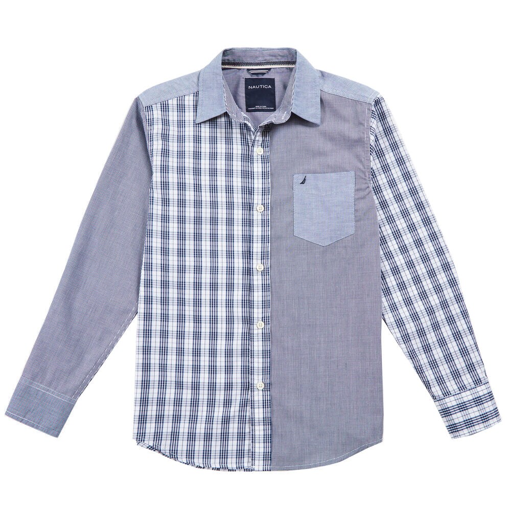  Boys' Plaid Button Down Shirt (8-16),Stormy Blue Wash,large