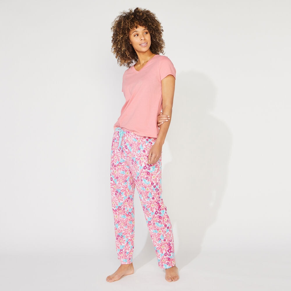 FLORAL PRINT SHORT SLEEVE PAJAMA SET,Peach Glow,large