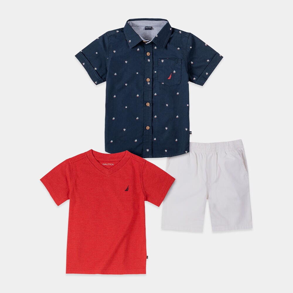 TODDLER BOYS' SAILBOAT PRINT WOVEN 3PC SHORT SET (2T-4T),Aquadream,large