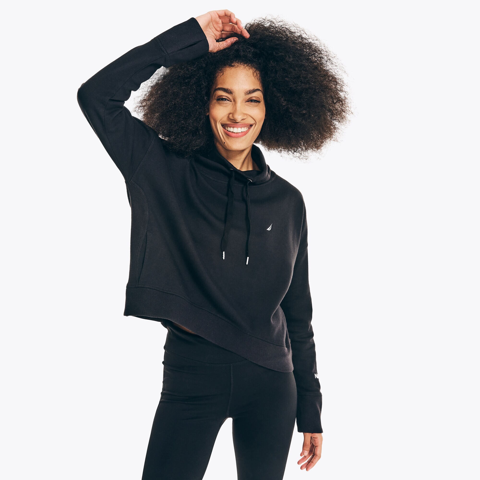 FUNNEL NECK HIGH-LOW PULLOVER HOODIE,True Black,large