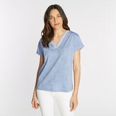 Short Sleeve Embroidered Woven Top,Deep Navy Heather,large