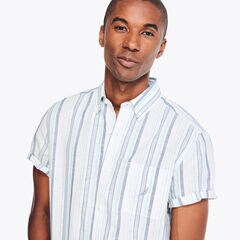 Striped Linen Short-Sleeve Shirt,Sail White,large