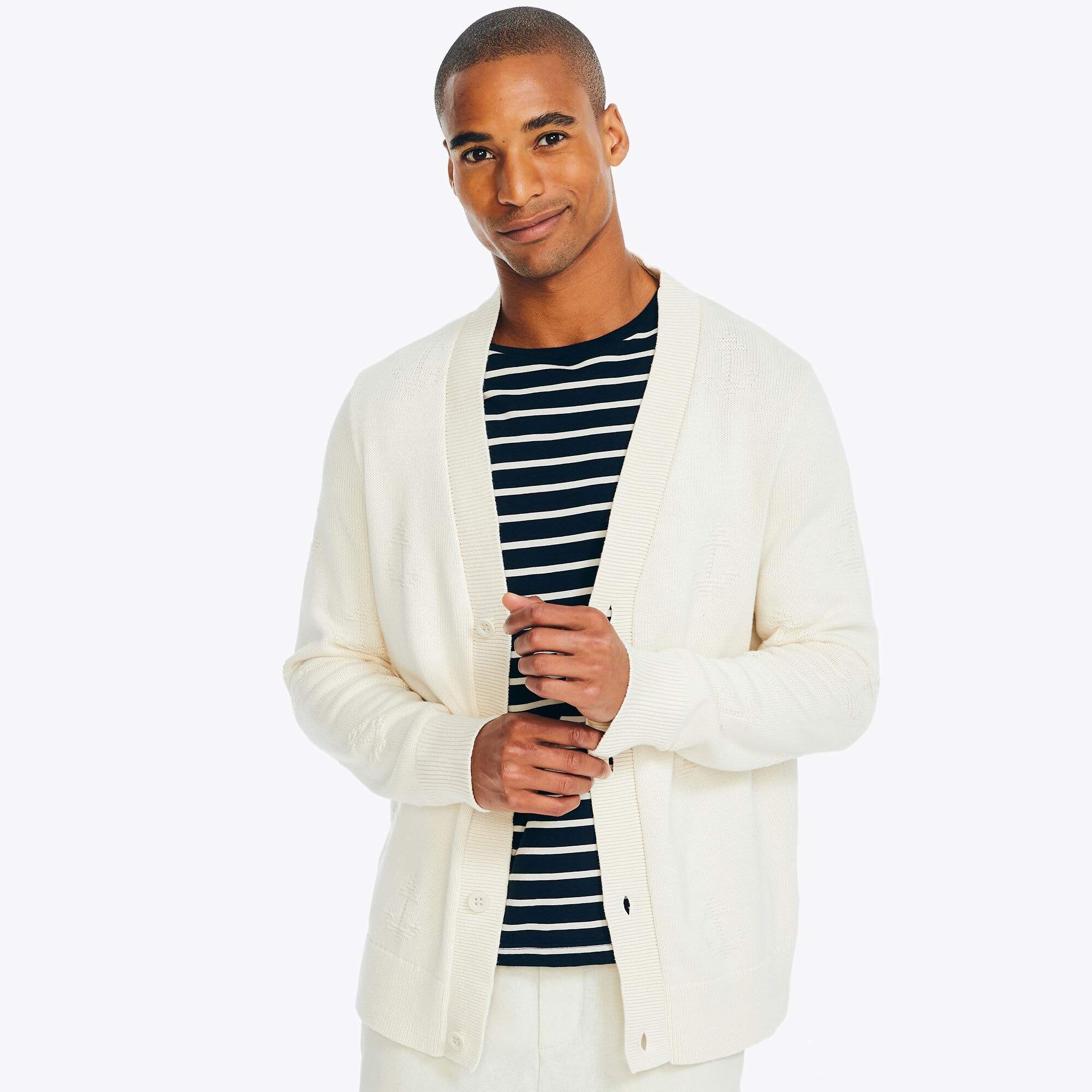 Anchor Print Textured Cardigan,Natural,large