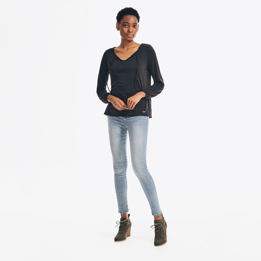 SUSTAINABLY CRAFTED TIE-NECK TOP,True Black,large